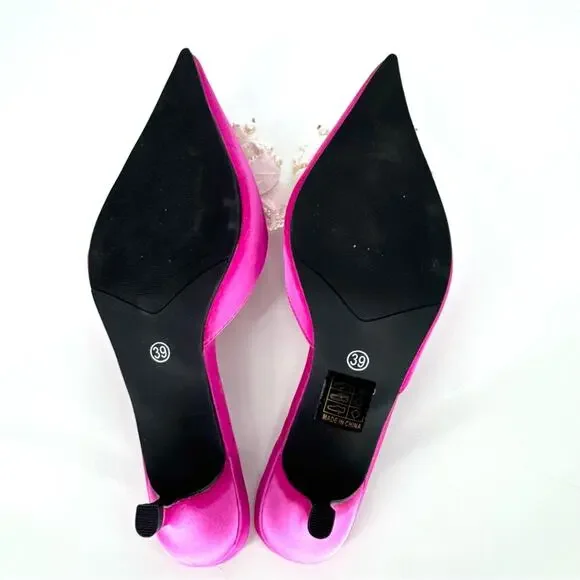 Bright Pink Satin Kitten Heel Mules with Pearl Bow Size 39 - Picture 5 of 8
